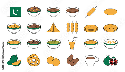 Quadro su tela Pakistani cuisine food icons with flag on white background for culinary design
