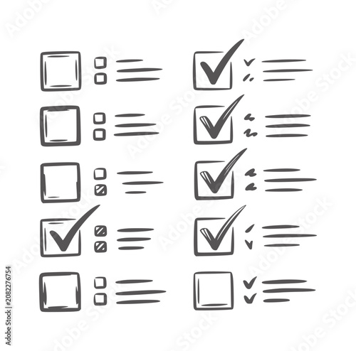 Hand drawn style checkboxes with checkmarks and lines handdrawn black