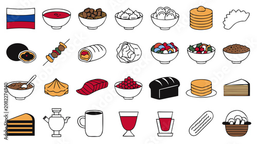 Fotografía Russian cuisine icons with flag and ingredients on white background simple flat