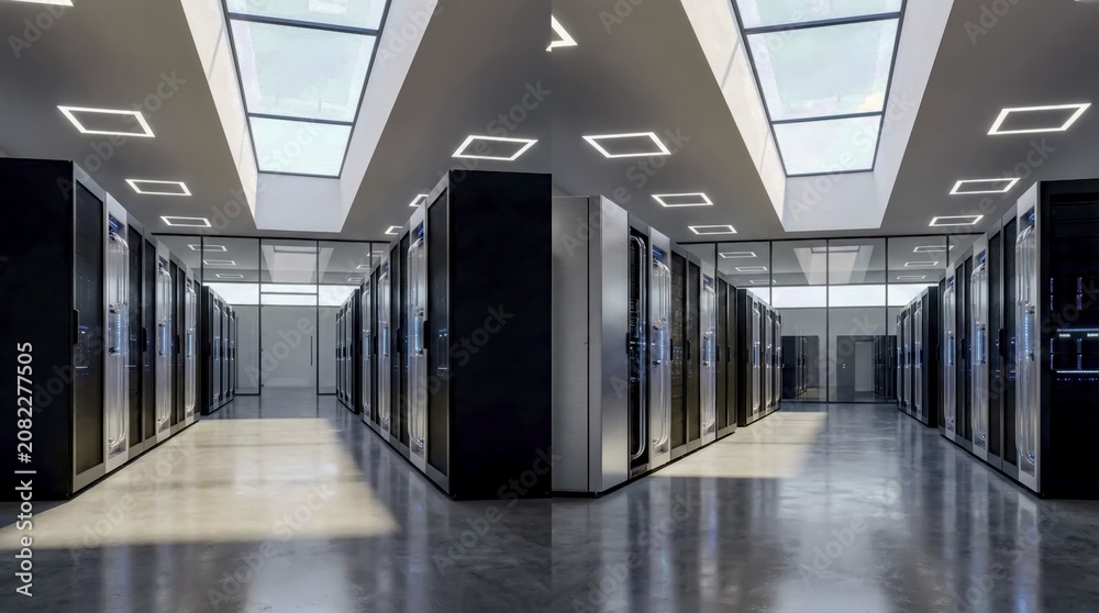 Fototapeta premium A symmetrical view down a clean, well-lit data center aisle featuring rows of server racks and illuminated by overhead skylights and square ceiling lights, AI generated