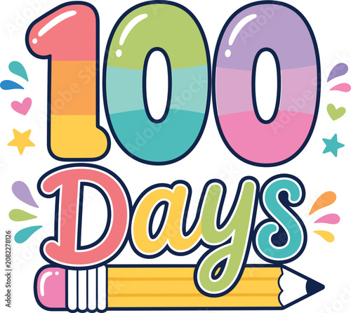 100 days colorful pencil school celebration typography vector illustration
