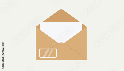 Opened brown paper mail envelope with blank white paper sheet representing message, mail delivery, and invitation.