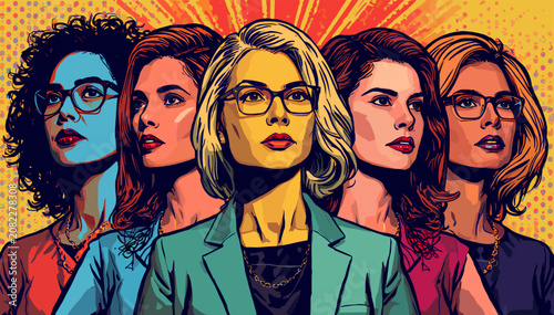 Tableau sur toile Five diverse women in a vibrant pop-art style, showcasing empowerment, unity, and determination with a radiating sunburst background