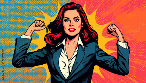 Tableau sur toile Confident businesswoman flexing muscles in a vibrant pop art comic style, symbolizing strength and empowerment in the workplace
