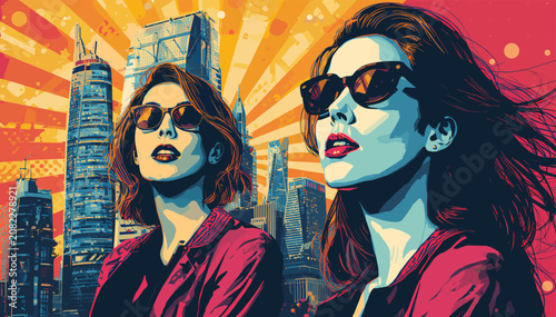 Vászonkép Two women in sunglasses against a vibrant pop-art city skyline with a dynamic sunburst background, exuding urban style