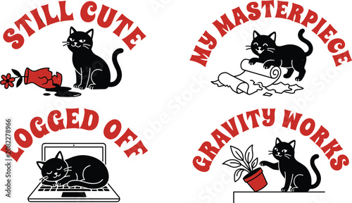 Fotografía Set of four cute black cat with red text quotes about mischievous behavior on a