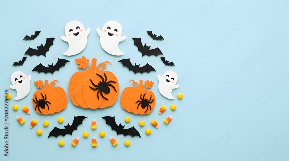 Fototapeta premium Festive halloween day layout with ghosts bats pumpkins and candy