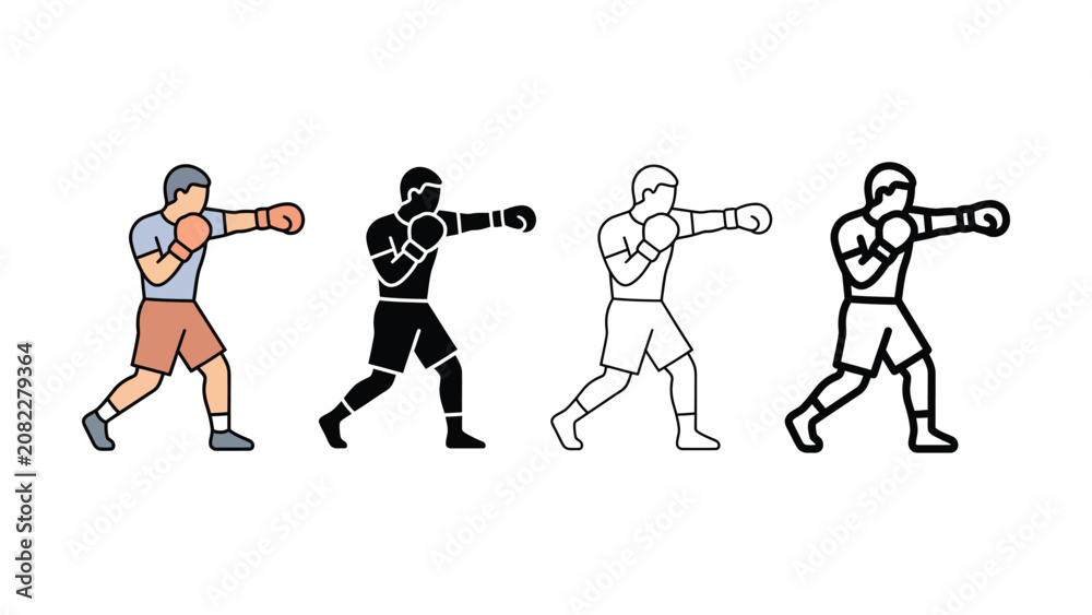 Obraz premium Boxer punching in various flat and outline vector styles illustration set
