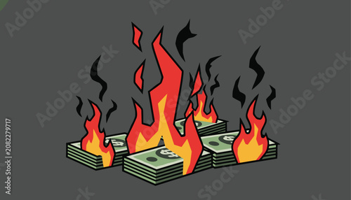 Stacks of dollar banknotes burning in fire flames represents financial crisis, inflation, or lost money.