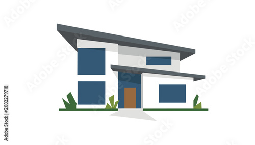 Modern two story residential house with slanted roof and large blue glass windows on white background.