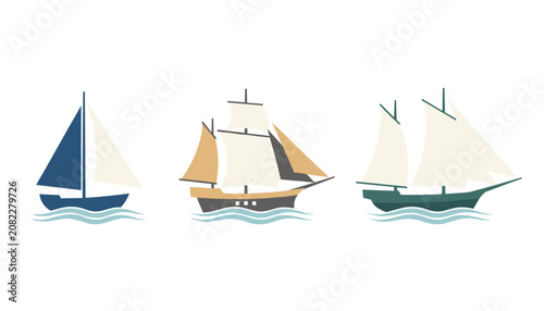 Three different sailing ships floating on blue sea waves represent maritime adventure and ocean voyage.
