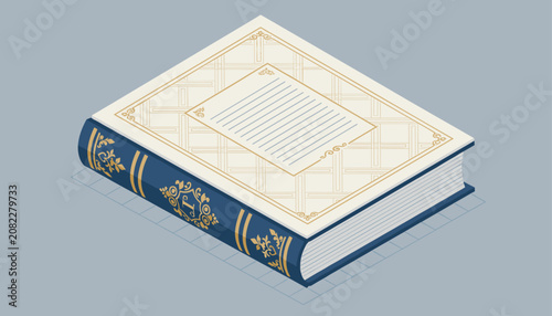 Antique blue leather bound book with golden ornaments shown in isometric perspective on plain background.