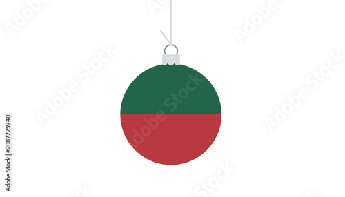 Round Christmas tree bauble split into green and red halves hanging on a string over white background.