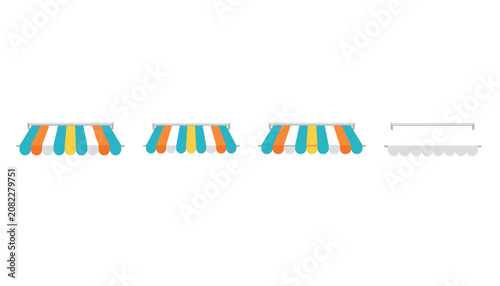 Set of striped retail shop awnings in orange, yellow, and blue colors showing a construction progress.