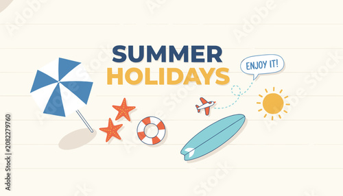 Colorful summer holidays banner design featuring beach elements like umbrella, starfish, surfboard, and sun.