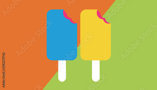 Two bitten colorful ice cream popsicles on a vibrant diagonal background of orange and green colors.
