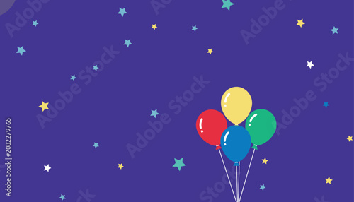 Bundle of colorful helium balloons floating against a dark blue night sky filled with glowing stars.