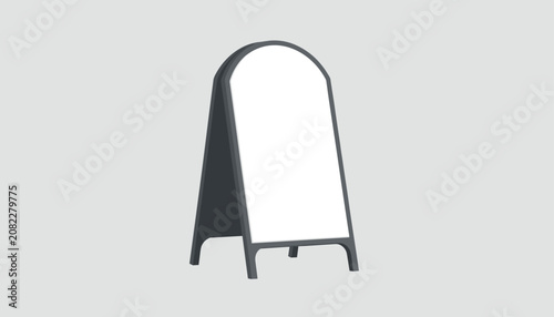 Arched black sandwich board mockup with blank white board space shown from isometric angle on grey background.