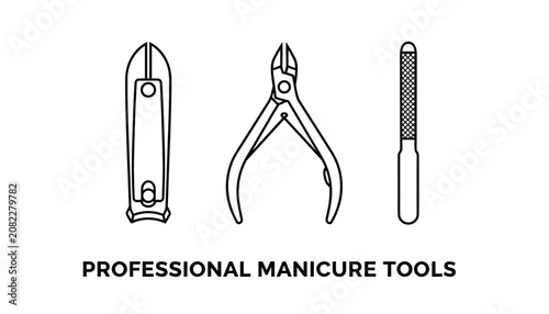 Professional manicure tools including nail clipper, cuticle nipper, and nail file as black outline icons.