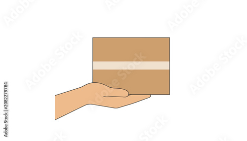 Human hand holding a brown cardboard delivery box wrapped with white tape isolated on white background.