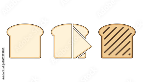 Three different types of sliced toast bread showing plain, cut, and grilled options on white background.
