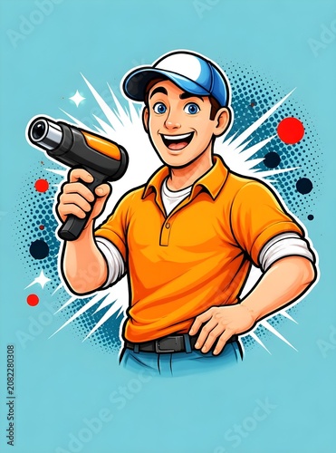 Happy Handyman Holding Heat Gun Tool Ready For DIY Repair Home Improvement And Renovation Work