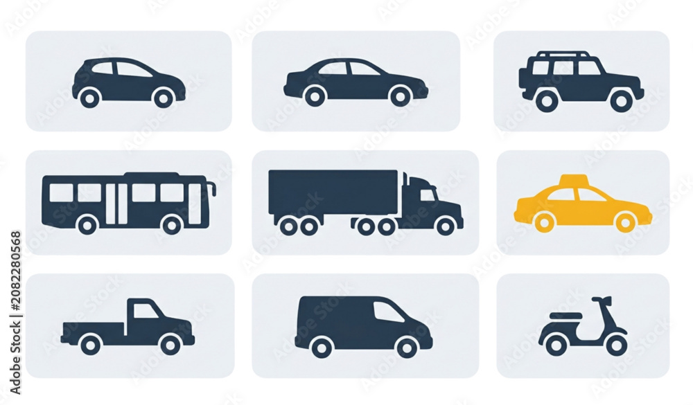 Naklejka premium Minimal Vehicle Transport Icons Set Flat Style Cars Commercial and City Transport Pictogram Vector Pack