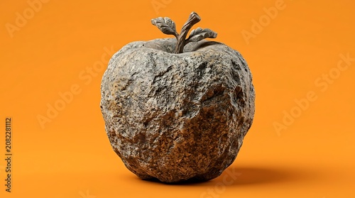 Textured stone apple sculpture with moss on orange background illustration