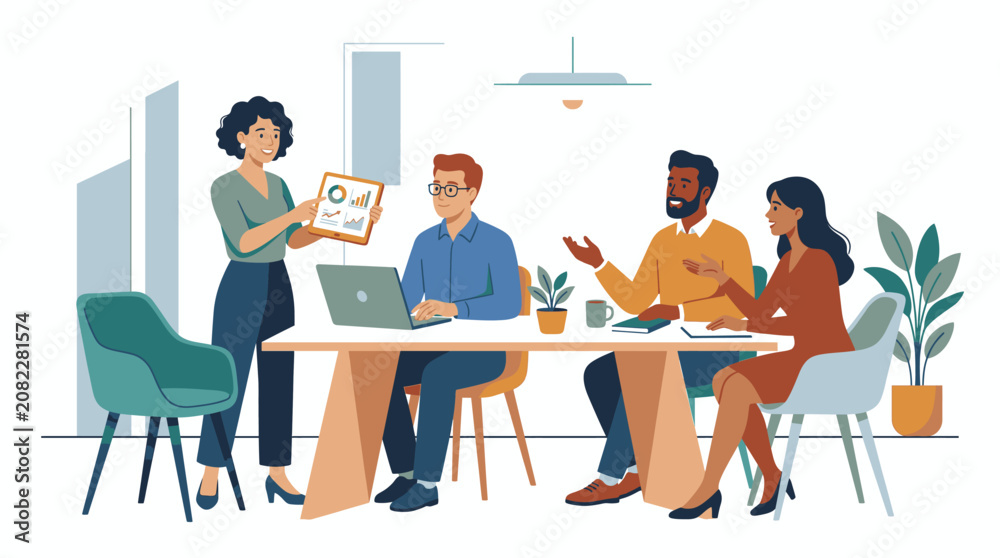 Fototapeta premium Diverse group of people having a meeting in office setting with laptop and documents teamwork and collaboration concept.