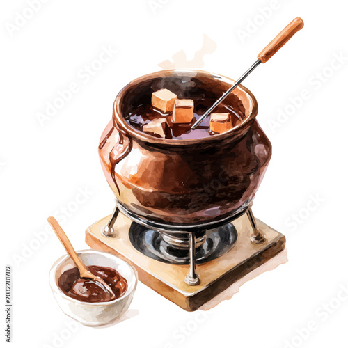 Fotografie Chocolate Fondue watercolor vector illustration, high-quality artwork isolated on a pure white background