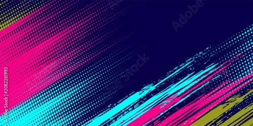 Konstfotografi Vibrant urban street background with grunge brush color of neon blue, yellow and pink paint design