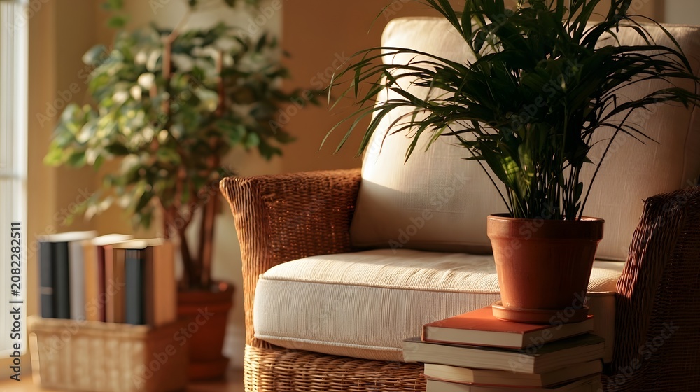 Fototapeta premium Cozy armchair reading corner highlighted under warm afternoon light with stacked novels and potted plant creating a warm practical scene