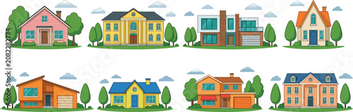 Vászonkép Flat illustration set of various suburban houses mansions and family cottages fo