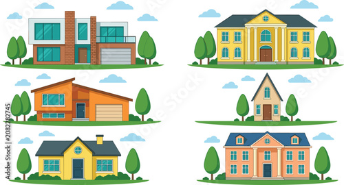 Fényképezés Flat illustration set of various modern and classic suburban houses mansions and