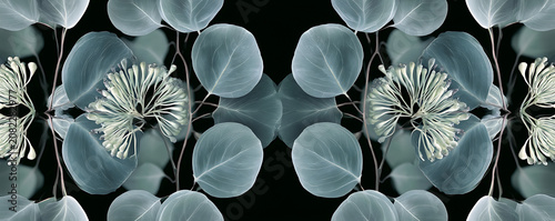 Elegant symmetrical eucalyptus leaves and wild white flowers botanical banner on black background
