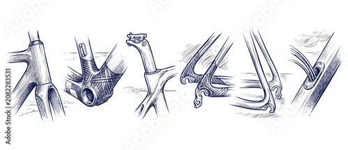 Quadro em tela Bicycle carbon frame details sketch showing mechanical components of road bike in vintage engraving style