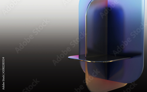 Abstract 3D geometric composition with transparent dark glass shapes and smooth gradient background