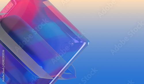 Abstract 3D geometric composition with transparent colourful glass shapes and smooth gradient background