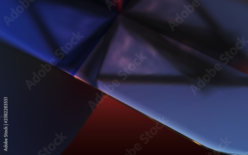 Abstract 3D geometric composition with transparent dark blue glass shapes and smooth gradient background