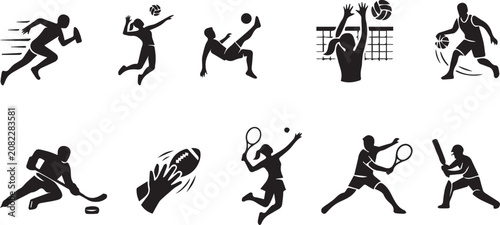 Fotografie Collection of black and white sports silhouettes and icons featuring running soc
