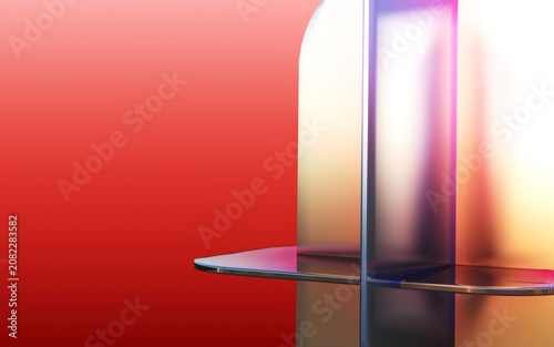 Abstract 3D geometric composition with transparent red glass shapes and smooth gradient background