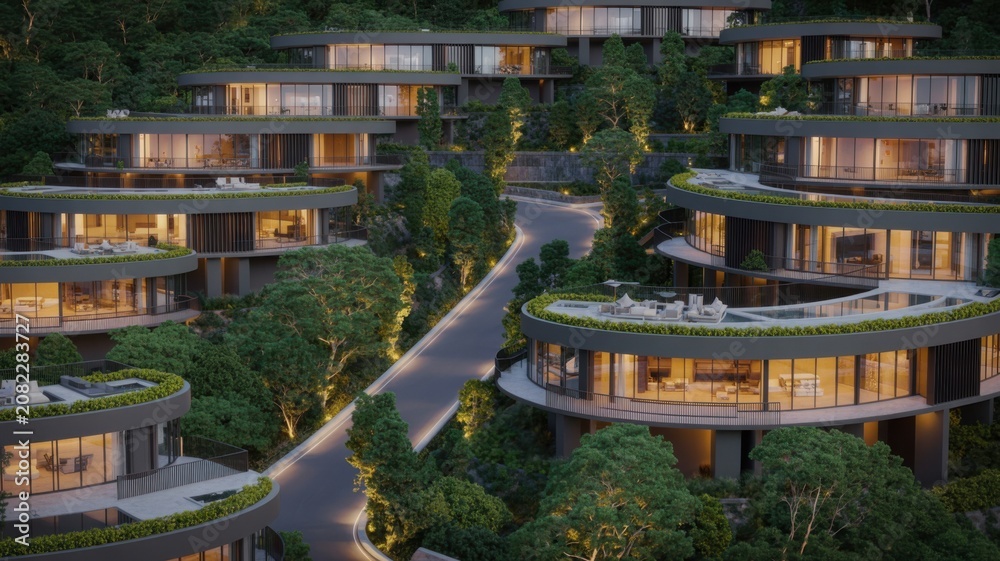 Fototapeta premium Modern Hillside Luxury Apartments with Green Rooftops at Dusk