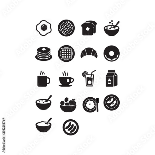 Set of breakfast food and beverage icons in a simple flat black style.