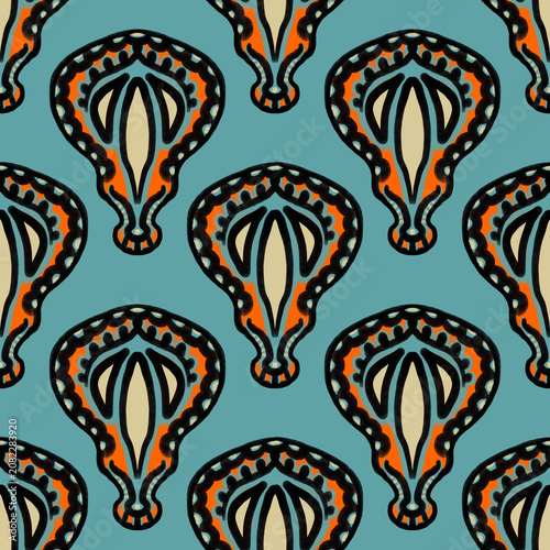 Teal and orange seamless pattern with hand-drawn ethnic motifs. Template for Pattern, textile, Gift wrapping paper, and etc.