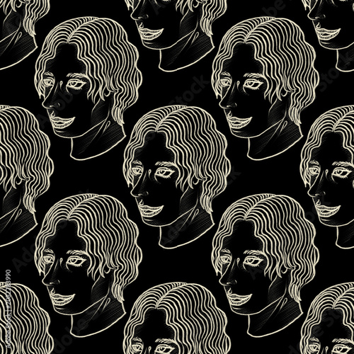 Seamless pattern of surreal human faces line art on black background. Template for Pattern, textile, Gift wrapping paper, and etc.