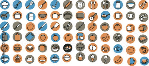 Kitchen utensils food and drink fruit vegetable vector icon illustration.