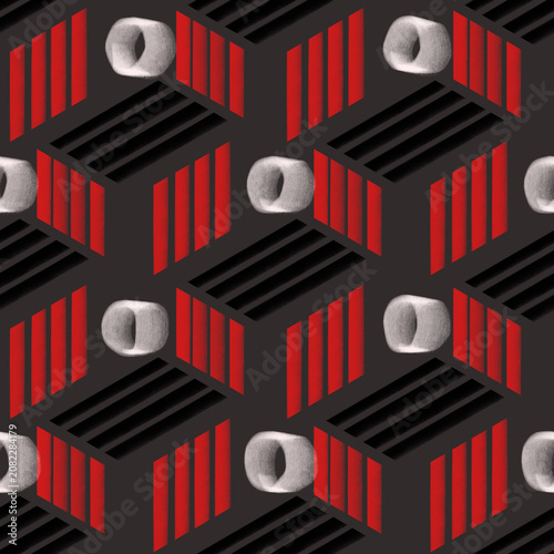seamless isometric geometric pattern with red stripes and 3d torus rings on dark background. Template for Pattern, textile, Gift wrapping paper, and etc.