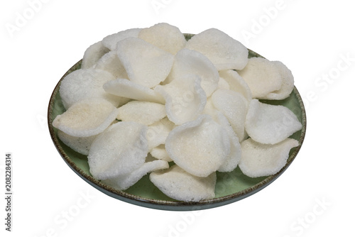 Chinese prawn crackers isolated, on transparent background, png, in plate, Asian snack, crunchy seafood appetizer