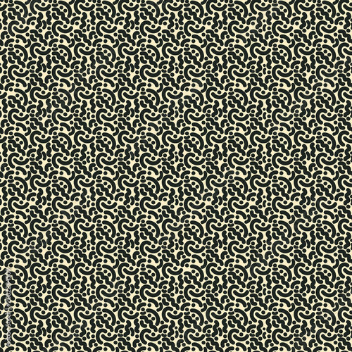 Seamless doodle pattern with black wavy shapes and dots on cream backdrop. Template for Pattern, textile, Gift wrapping paper, and etc.