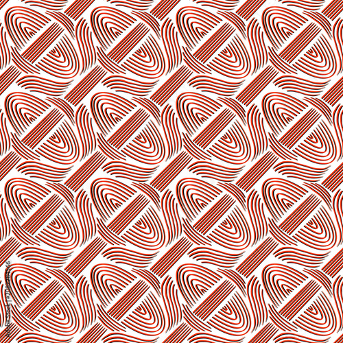 Seamless geometric pattern with red curved and straight lines on isolated transoarent background.